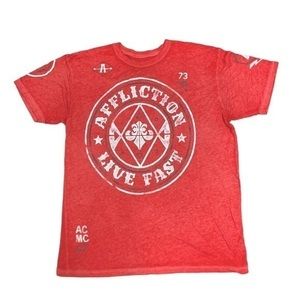 AFFLICTION RED SHIRT WITH LOGO ON FRONT *very small hole at the bottom SIZE XL